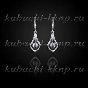 Серебряные висячие серьги кубачи с фианитами и искусственным черным жемчугом - вс817 Серебряные висячие серьги кубачи с фианитами и искусственным черным жемчугом - вс817