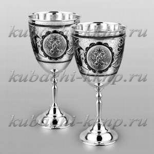 Набор из двух больших серебряных фужеров для вина с гербом России - ф037-2
