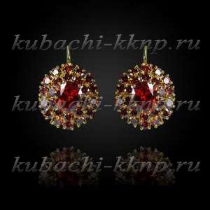 Серьги кубачи с фианитами цвета Гранат позолота - с237