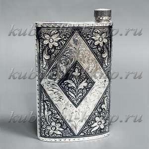 Серебряная фляга с чернением и ручной гравировкой, 230мл - фл101