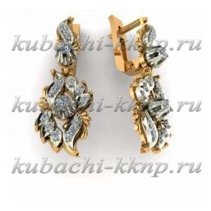 Золотые серьги с фианитами производства Кубачи - 00089e