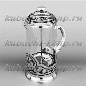 Стеклянный чайник с серебряными вставками 