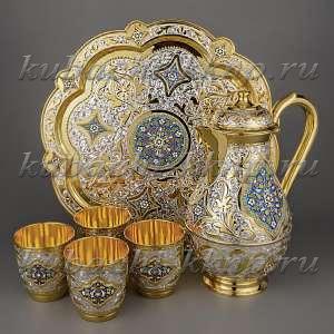 Серебряный набор для воды  с позолотой и эмалью - ндв026