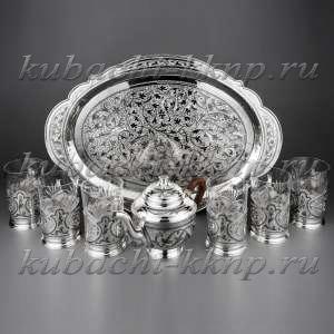 Серебряный чайный сервиз с подстаканниками - чср003
