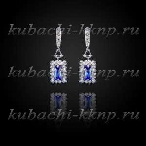 Серебряные висячие серьги кубачи  с фианитами под сапфир - вс819