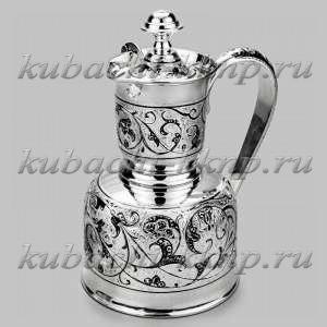 Серебряный графин с кубачинским орнаментом и гравировкой, 0,9 л - ГР058