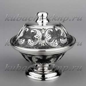 Серебряная икорница с чеканкой - ик026