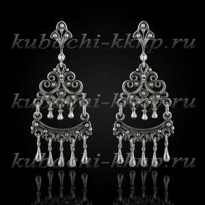 Длинные серебряные висячие серьги в восточном стиле  Длинные серебряные висячие серьги в восточном стиле