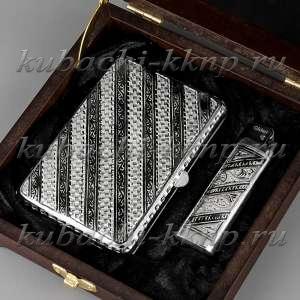 Серебряный портсигар с чернением и зажигалкой - пдс010з