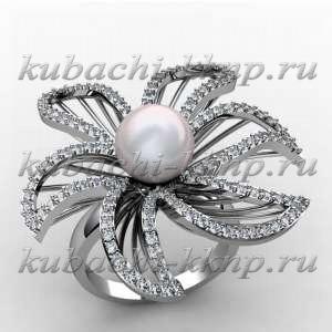 Кольцо из золота с фианитами и искусственным жемчугом - 00014r Кольцо из золота с фианитами и искусственным жемчугом - 00014r