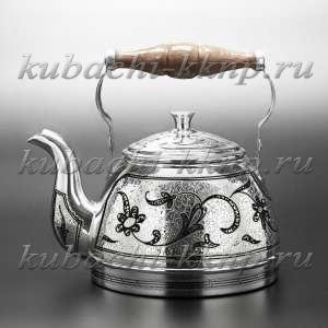 Чайник серебряный большой с орнаментом на плиту - чн00010