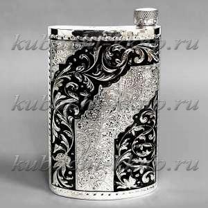 Серебряная фляга с орнаментом кубачи , 320мл - фл089