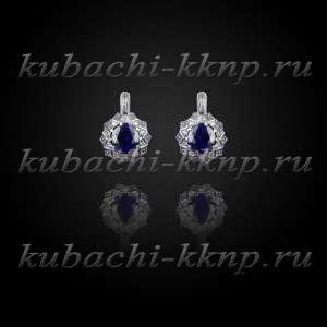 Серьги кубачи с фианитами под сапфир - с813
