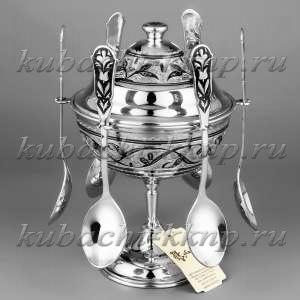 Серебряная икорница - вареница с шестью ложками - ик011