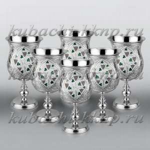 Набор из шести серебряных  фужеров для вина с эмалью - ф128-6