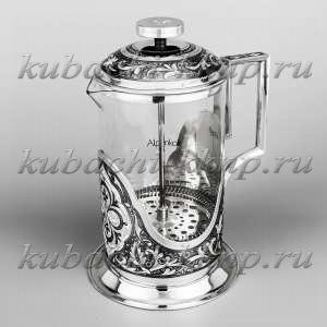 Чайник серебряный со стеклом френч пресс - чн017