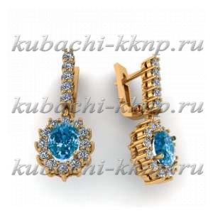 Золотые висячие серьги с искусственным топазом - 00111e