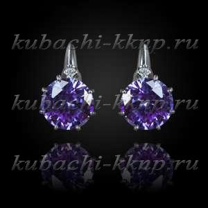 Серьги Кубачи с большим фиолетовым фианитом серебро - с205
