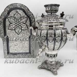 Серебряный самовар на подносе электрический 