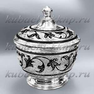 Серебряная сахарница  с крышкой и кубачинским орнаментом - СХ00064