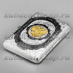 Серебряный портсигар с позолоченным гербом - ПДС065