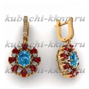 Висячие золотые серьги с цветными фианитами - 00106e