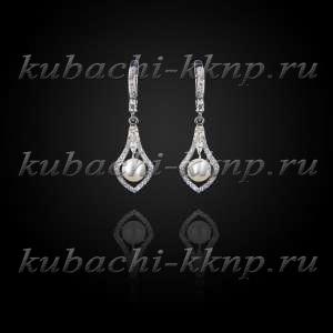Серебряные висячие серьги кубачи с фианитами и искусственным жемчугом - вс816 Серебряные висячие серьги кубачи с фианитами и искусственным жемчугом - вс816