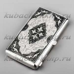 Серебряный портсигар с чернением и гравировкой - pd0003у