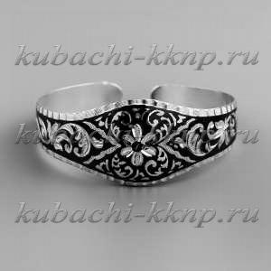 Серебряный браслет Кубачи с симетричным орнаментом и цветком - БР44
