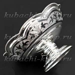 Серебряная конфетница на низкой ножке с кубачинским рисунком - кф00024
