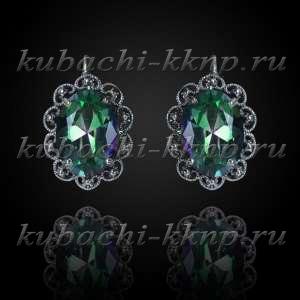 Серьги кубачи с многоцветным фианитом в фантазийной оправе - с229