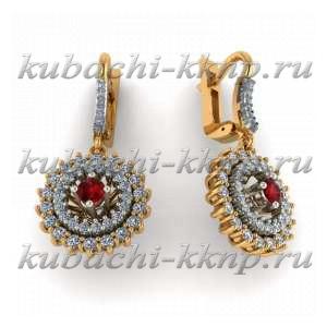 золотоые серьги с дорожкой фианитов и искусст. гранатом - 00109e