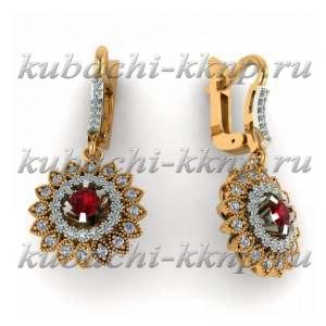Висячие злотые серьги с фианитами - 00107e