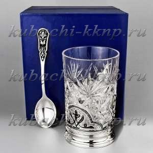 Серебряный классический подстаканник с ложкой, 230 мл - пд0010л