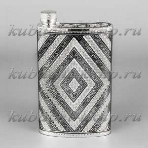 Фляга из серебра с строгим рисунком, 235мл - фл046