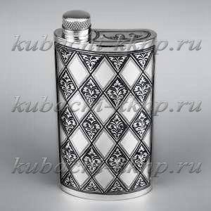 Серебряная фляжка с ромбиками для воды - ФЛ117