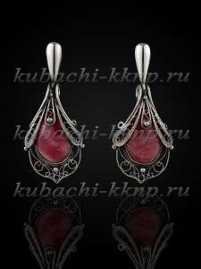 Висячие серьги с филигранью с натуральным родонитом серебро - вс152 Висячие серьги с филигранью с натуральным родонитом серебро - вс152