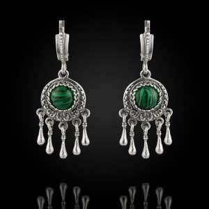 Висячие серьги в стиле этно с малахитом  Висячие серьги в стиле этно с малахитом