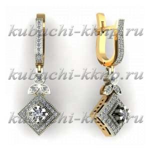 Висячие строгие золотые серьги с фианитами - 00048-4e