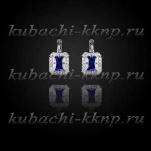 Серебряные серьги кубачи с фианитами под сапфир - с810