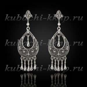 Серебряные висячие серьги с филигранью 