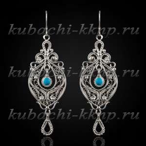Висячие серебряные серьги с филигранью  Висячие серебряные серьги с филигранью