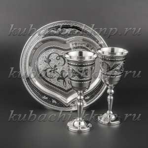 Набор серебряных рюмок  на подносе «Сердечный» - нр04