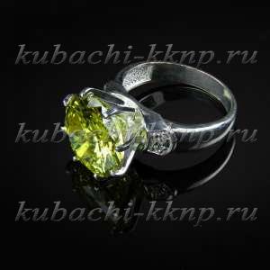 Серебряное кольцо с большим светло зеленым фианитом - к204з