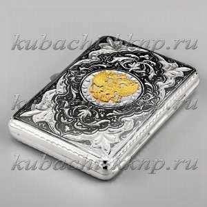 Серебряный кубачинский портсигар с гербом России - ПДС066