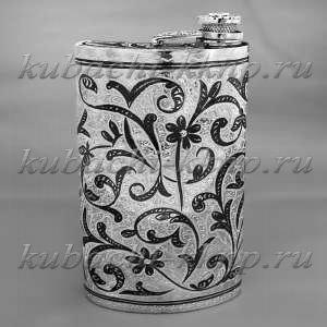 Необычная серебряная фляга с откидной крышкой - ФЛ142