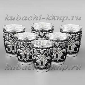 Набор их шести серебряных стаканов с чеканкой - ст065м-6