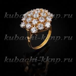 Кольцо кубачи с россыпью камней в позолоте 