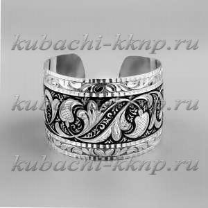 Серебряный широкий браслет Кубачи с гравировкой - БР34 Серебряный широкий браслет Кубачи с гравировкой - БР34