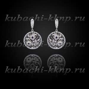 Серебряные висячие серьги кубачи с фианитами под бриллиант - вс823 Серебряные висячие серьги кубачи с фианитами под бриллиант - вс823